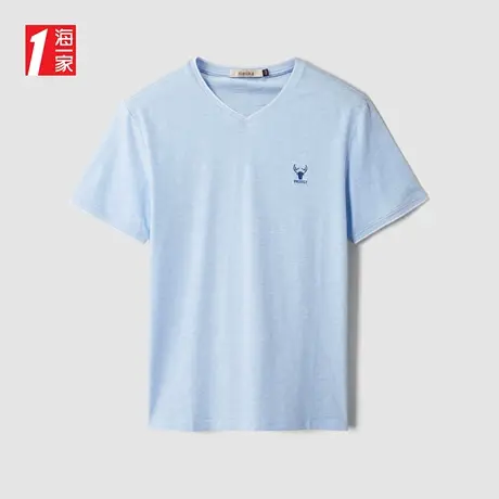 海一家简约V领短T新款时尚休闲质感绣花男士短袖T恤图片