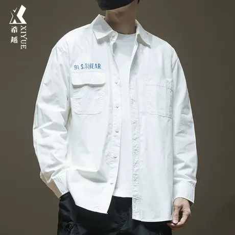 希越秋冬工装白色长袖衬衫男秋款宽松大码潮流百搭开衫男生外套棉商品大图