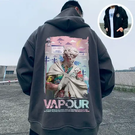 oversize春秋款宽松大码男装油画连帽加绒拉链开衫胖子卫衣男外套商品大图