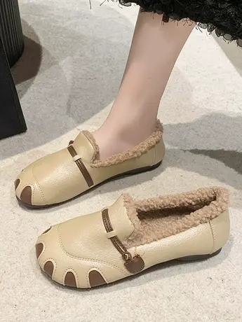 一脚蹬豆豆鞋女冬加绒2023新款复古百搭软底毛毛乐福女鞋平底棉鞋商品大图