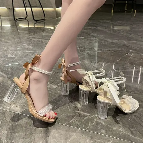 仙女风透明高跟鞋夏季女2023年新款粗跟珍珠一字带法式复古凉鞋女图片