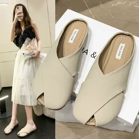 2023夏天新款室外外穿女士凉拖鞋欧美时尚包头懒人平底防滑半拖鞋商品大图