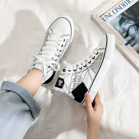 高帮帆布鞋女2021韩版原宿ulzzang潮学生百搭小白鞋平底休闲板鞋商品大图