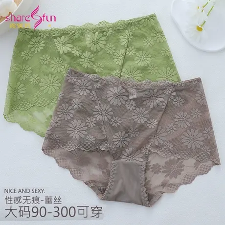 霞黛芳3条装大码蕾丝内裤女性感迷人胖mm可穿无痕透气棉档三角裤商品大图