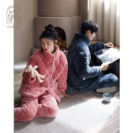 妮狄娅新款情侣睡衣女冬季时尚保暖珊瑚绒夹棉男士立领家居服套装商品大图