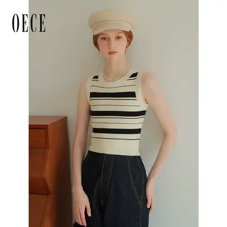 Oece复古条纹针织背心女2024春季新款女装气质打底衫内搭上衣商品大图