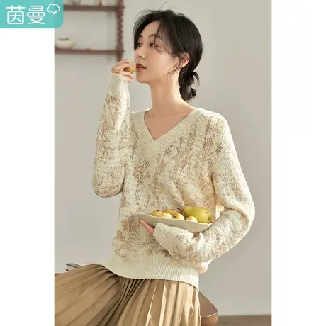 【商场同款】茵曼2023春女装新款优雅V领印花百搭宽松长袖毛衣图片