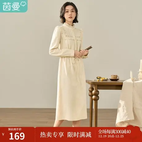茵曼冬女装新款法式田园半高领荷叶拼花边绣花泡泡长袖连衣裙图片