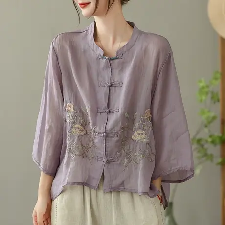 dza 重工刺绣苎麻衬衫女2023夏薄款立领衬衣气质宽松棉麻开衫上衣商品大图