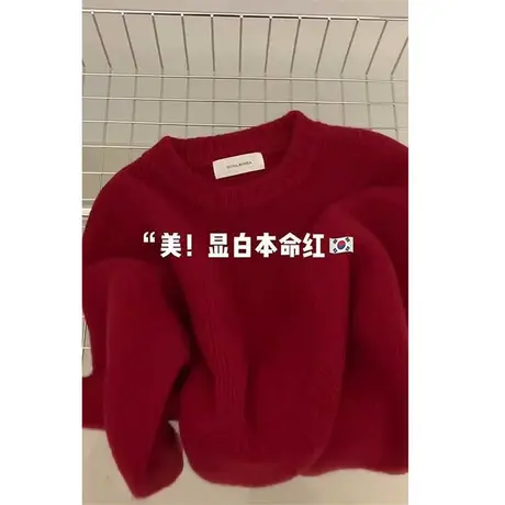红色浣熊绒套头毛衣女秋冬设计感小众高级感慵懒风内搭针织打底衫商品大图