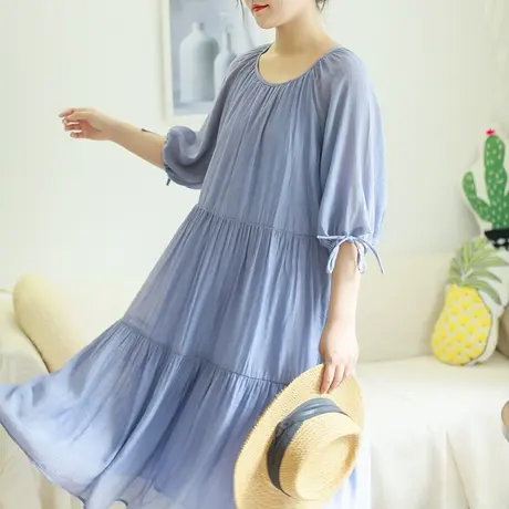 胖妹妹夏季2023新品法式优雅宽松连衣裙 大码微胖五分袖圆领长裙商品大图