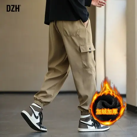 男生卡其色工装裤男加绒束脚宽松秋季裤子加厚2023新款休闲裤百搭商品大图