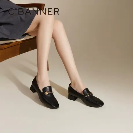 千百度羊皮粗中跟乐福鞋女春季新款通勤通勤小皮鞋真皮单鞋百搭图片