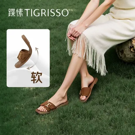 竹夏蹀愫25年夏季新款方头羊皮一字凉拖女外穿平底拖鞋TA65313-52商品大图