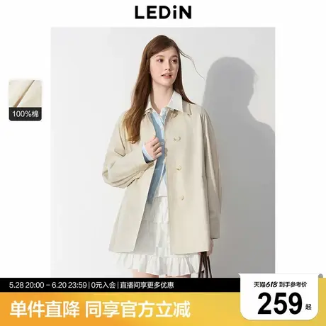 乐町翻领气质风衣2025年新款女春季短款韩系通勤全棉燕麦灰外套商品大图