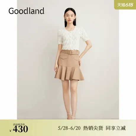 Goodland美地夏季法式蕾丝毛针织衫白色上衣图片