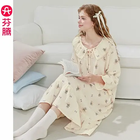 芬腾女士睡裙春秋款纯棉长袖睡衣裙女款休闲全棉家居服中长款单裙图片