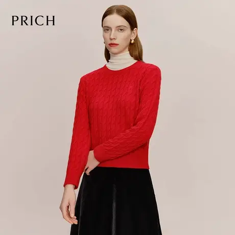 【超能小太阳严选】PRICH绵羊毛+山羊绒复古绞花红色针织衫毛衣女商品大图