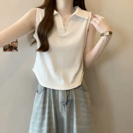 夏季2025新款POLO领无袖背心女韩版修身百搭设计感小众短款上衣服图片
