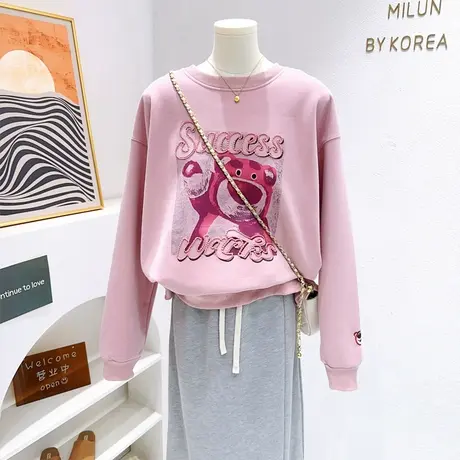 韩国东大门秋季新款~奶乖小熊刺绣长袖上衣印花套头卫衣微胖遮肉商品大图