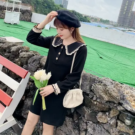 秋冬新款大码韩版胖MM显瘦遮肚连衣裙减龄宽松木耳边娃娃领打底裙商品大图