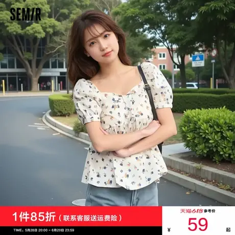 森马短袖衬衫女短款方领泡泡袖蝴蝶结白色2024夏季新款衬衣小个子图片
