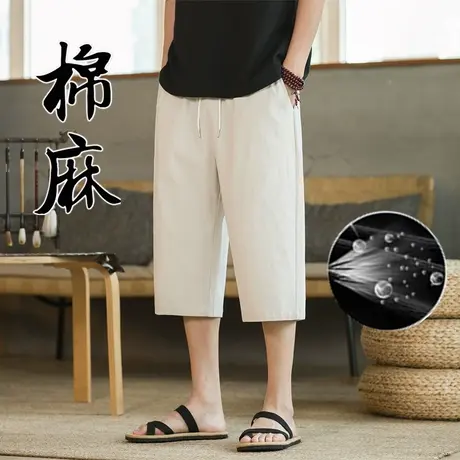 透气短裤棉麻男士七分裤夏季薄款2025宽松抽绳休闲裤子直筒亚麻裤商品大图