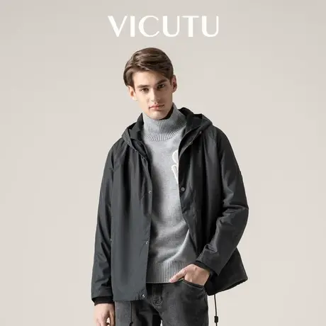 VICUTU威可多男士风衣时尚连帽黑色百搭休闲中长款春秋上衣外套图片