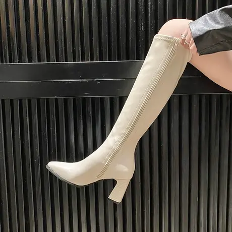 永希长筒靴女2023春秋季新款小个子显瘦法式靴子粗跟高跟尖头女靴商品大图