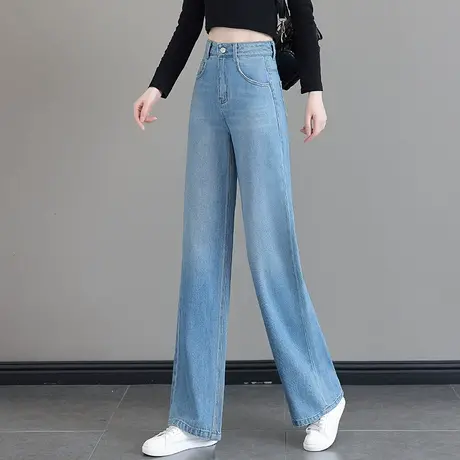 拉夏贝尔蓝色刺绣牛仔阔腿裤女2025秋季新款宽松休闲裤垂感窄版裤商品大图
