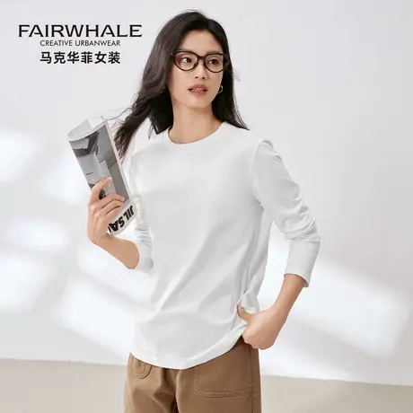马克华菲长袖圆领T恤女2025春秋新款宽松休闲百搭纯棉全棉打底衫商品大图
