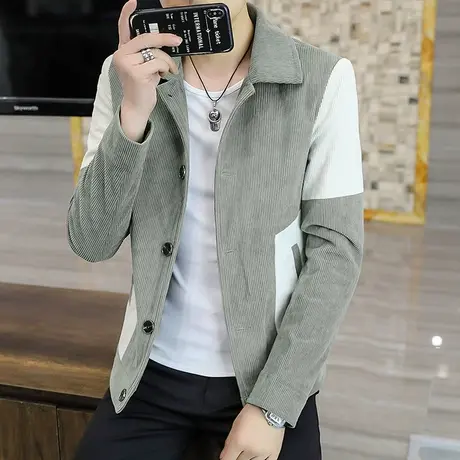 春秋季休闲夹克男加绒韩版潮流修身上衣服痞帅翻领灯芯绒外套男装商品大图