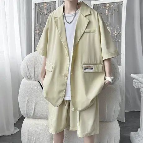 2023夏季薄款男士小西装中袖休闲冰丝垂感西服套装男宽松两件套图片