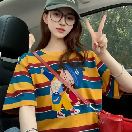 卡通撞色条纹短袖t恤女2025新款夏季美式复古减龄宽松短袖上衣潮商品大图
