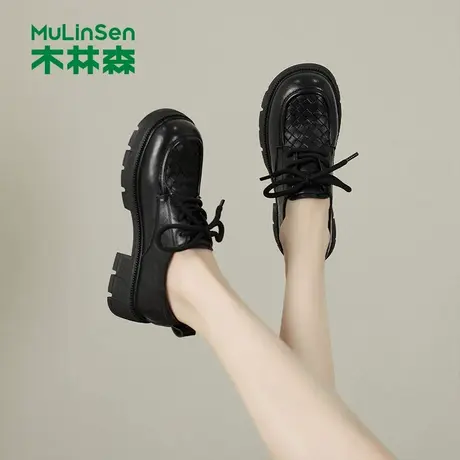 木林森女鞋2025年秋季新款百搭系带单鞋厚底通勤小皮鞋舒适乐福鞋图片