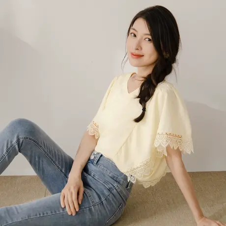 桔熊夏季度假宽松V领蕾丝花边伞袖不易皱上衣女胖妹妹大码AB18414商品大图