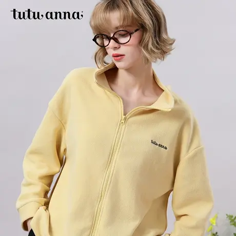 tutuanna专供款纯色可外穿摇粒绒立领前开拉链长袖长裤套装商品大图