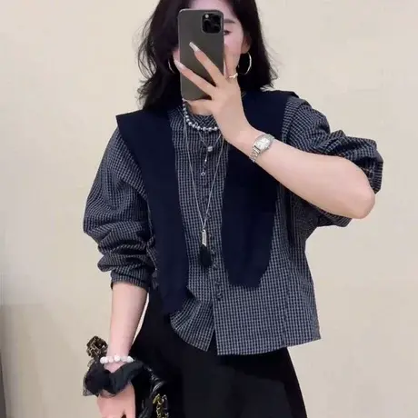 法式复古格子长袖衬衫女春秋新款设计感小众宽松显瘦百搭披肩套装商品大图
