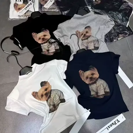 美式复古小狗印花短袖T恤女秋季新款修身显瘦辣妹短款正肩上衣潮商品大图