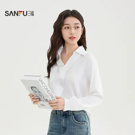 三福长衬衫2025秋季法式V字翻领通勤简约休闲上衣女装510842商品大图