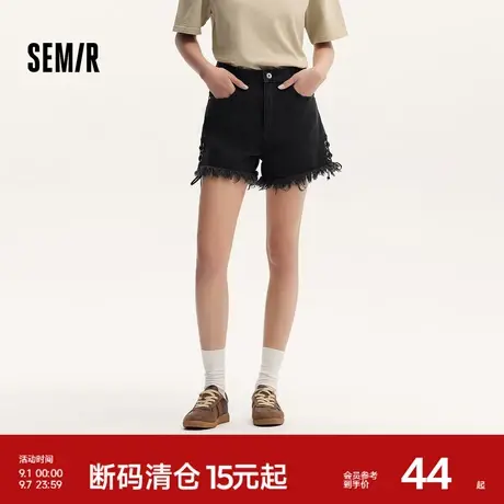 森马牛仔裤女黑色高街潮酷2024新款夏季高腰显瘦毛边绑带辣妹短裤图片