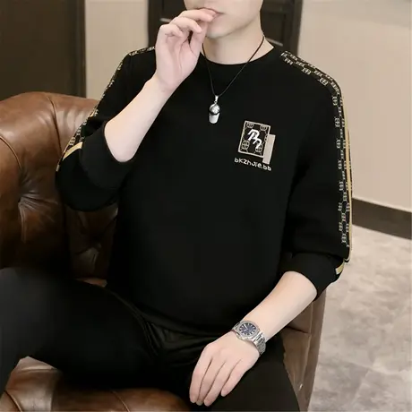 长袖T恤男士秋季2025新款撞色拼接休闲打底衫内搭圆领卫衣上衣服商品大图