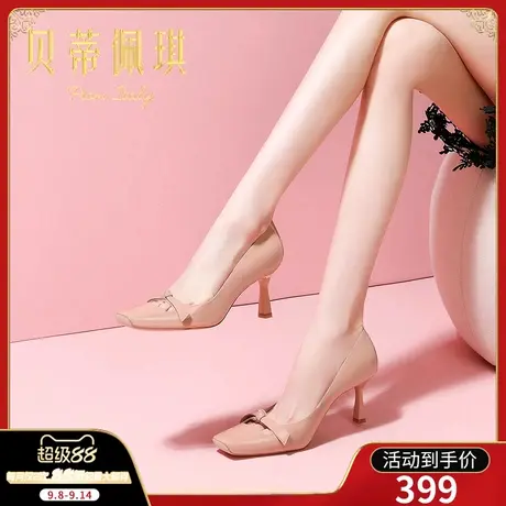 气质方头浅口蝴蝶结高跟鞋女2025年春季新款真皮细跟百搭漆皮单鞋商品大图
