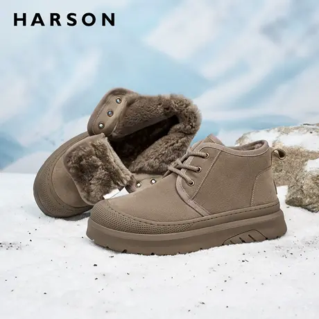 哈森冬季男鞋真皮羊毛雪地靴男士东北户外棉鞋加厚加绒保暖短靴子商品大图