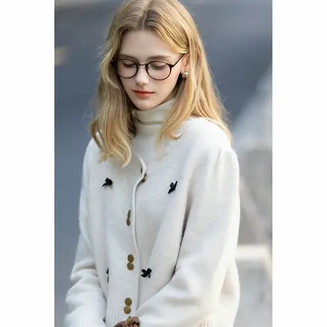 唐狮秋冬新款女毛衣圆领蝴蝶结甜美开衫外套针织衫气质高级感TMTA图片