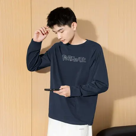 唐狮春秋新款长袖T恤男印花圆领字母上衣百搭休闲内搭打底潮tTD商品大图