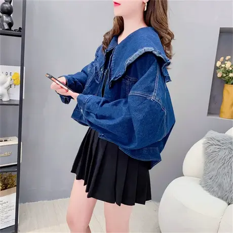 娃娃领短款牛仔外套女秋冬2023新款女装宽松设计感小个子百搭上衣商品大图