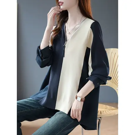宝诗黎V领撞色拼接套头针织衫休闲毛衣2023秋季新款长袖宽松上衣商品大图