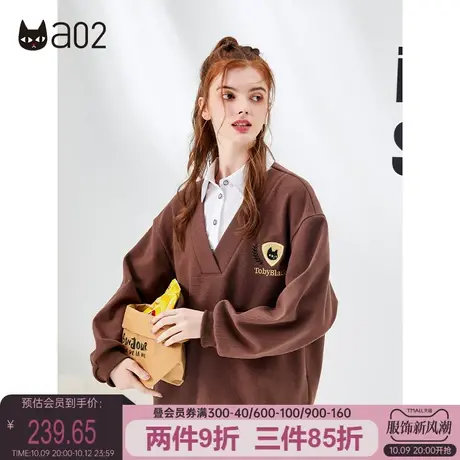 a02学院风加绒卫衣女2023秋冬美式复古假两件卫衣甜酷减龄上衣商品大图