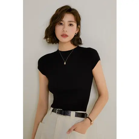 弥古黑色针织短袖女2023新款半高领内搭t恤修身天丝打底衫秋上衣商品大图